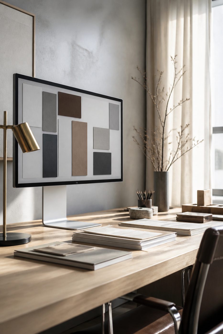 Daylit creative studio workspace with oak desk and large display