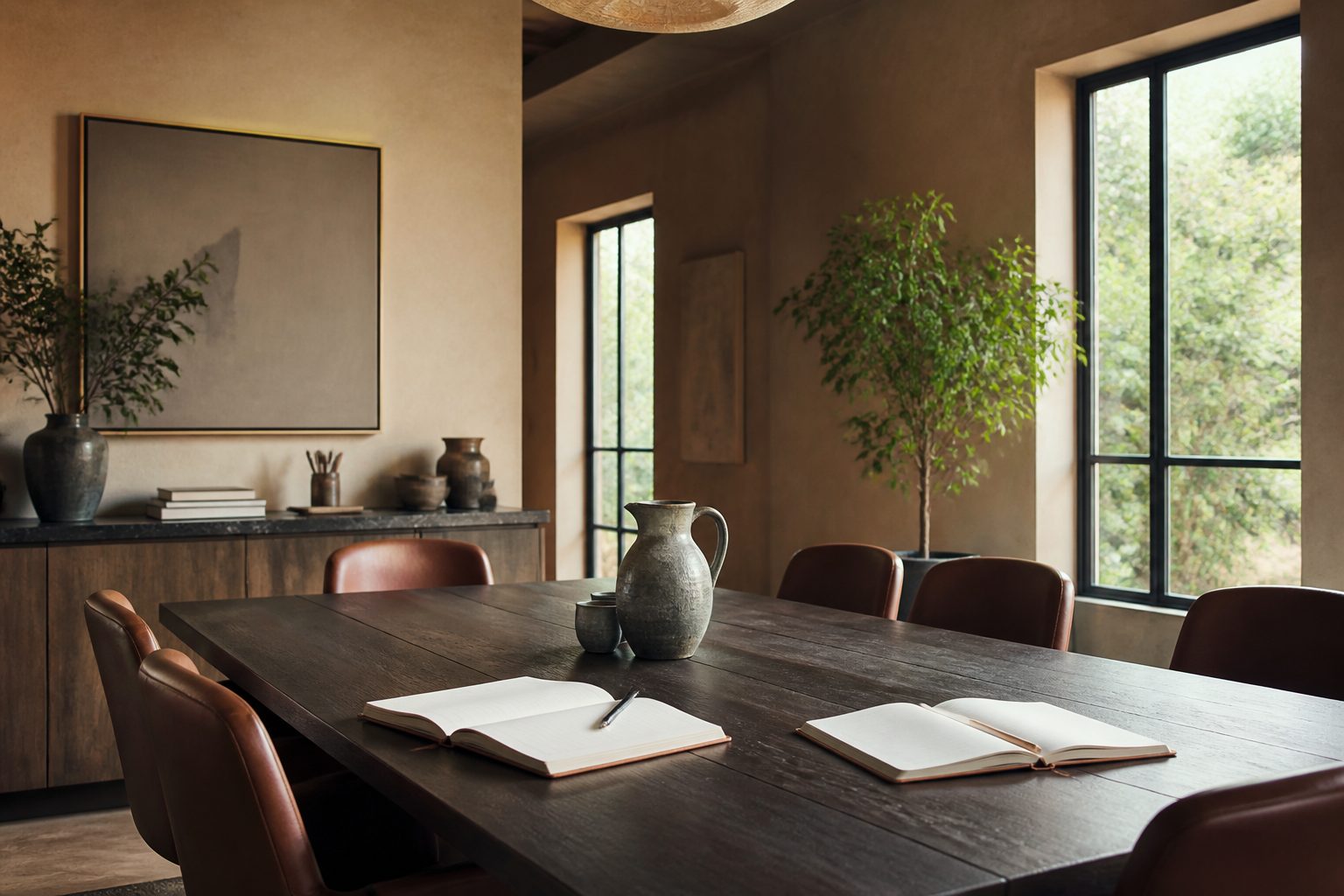 Studio meeting table with notebooks near large windows