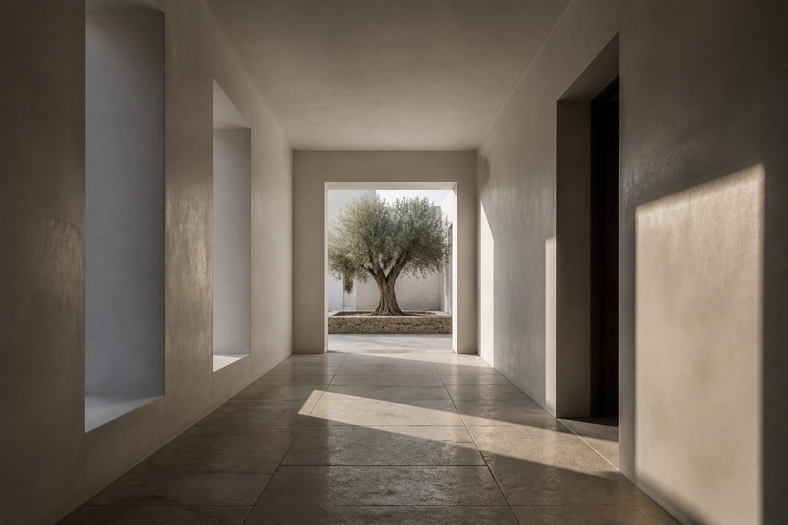 Architectural courtyard framed by pale plaster corridor