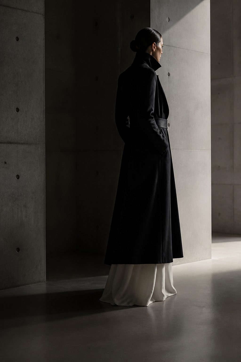 Fashion editorial figure in structured black coat