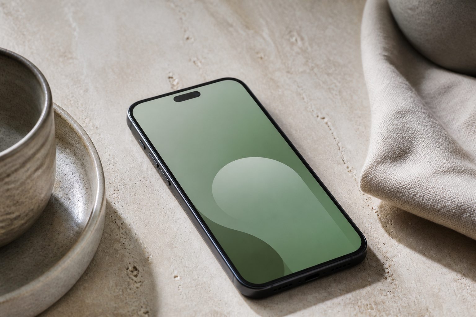 Smartphone with abstract wellness interface on limestone
