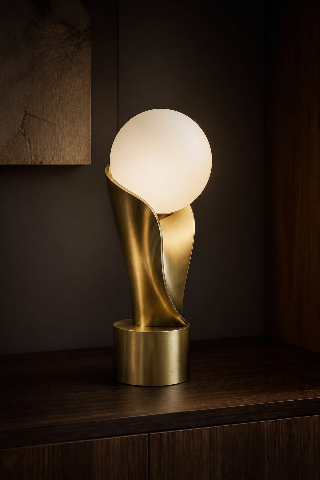 Brass and frosted glass sculptural lamp product photograph